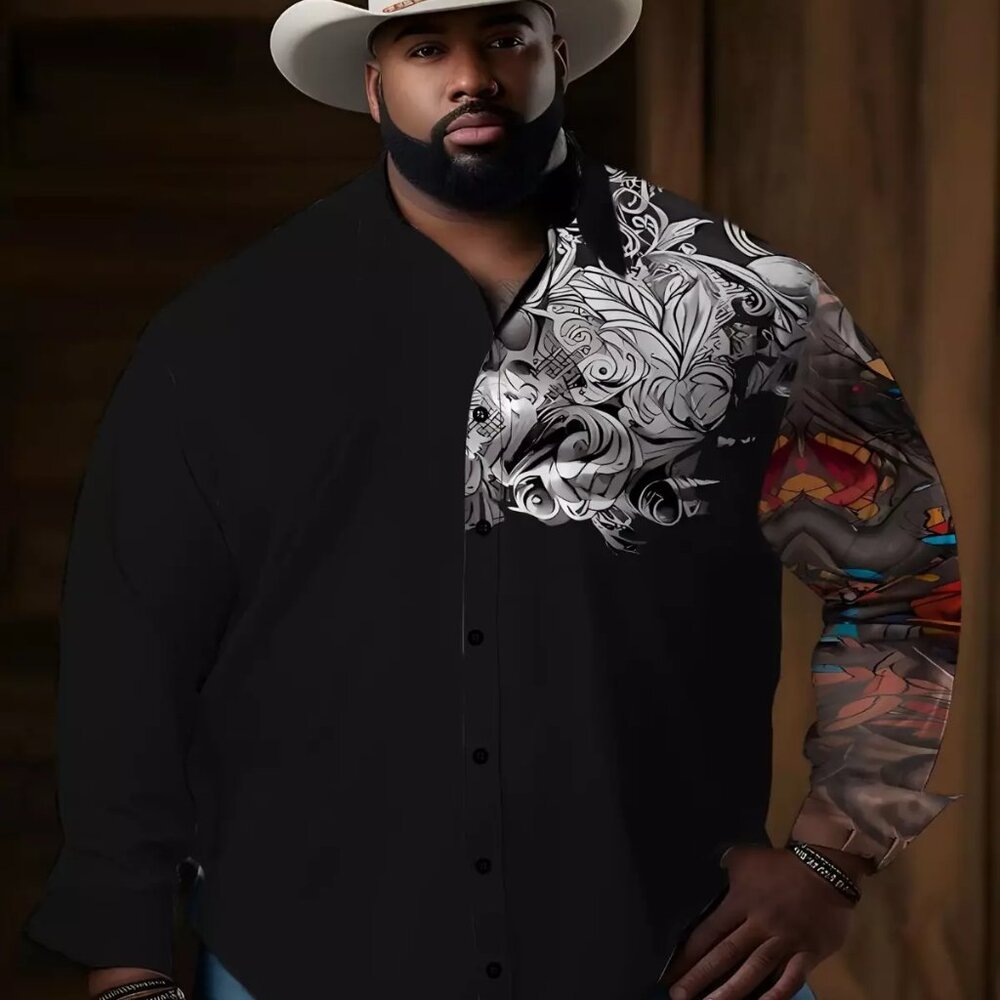 Men's Plus Size Vintage Ethnic Print Long Sleeve Button-Down Casual Shirt XXL